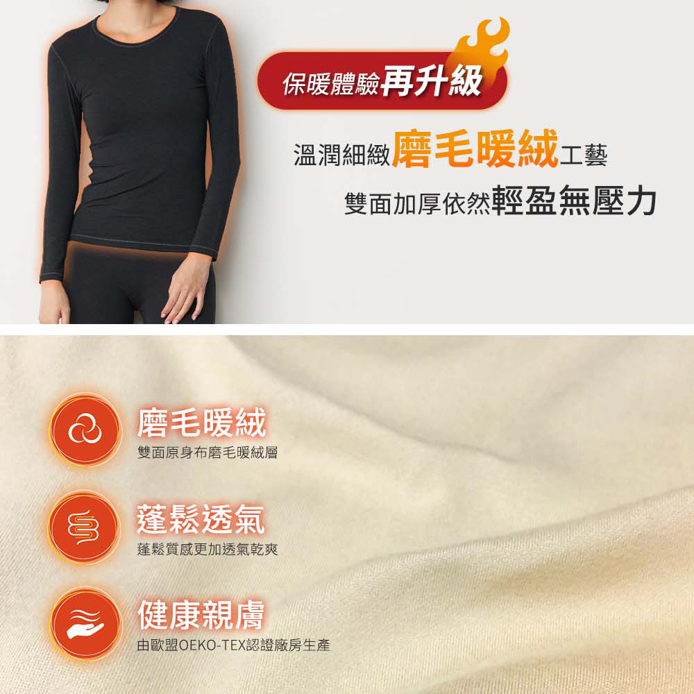 Yorn雙面暖絨女圓領長袖保暖衣-Y70071110001000